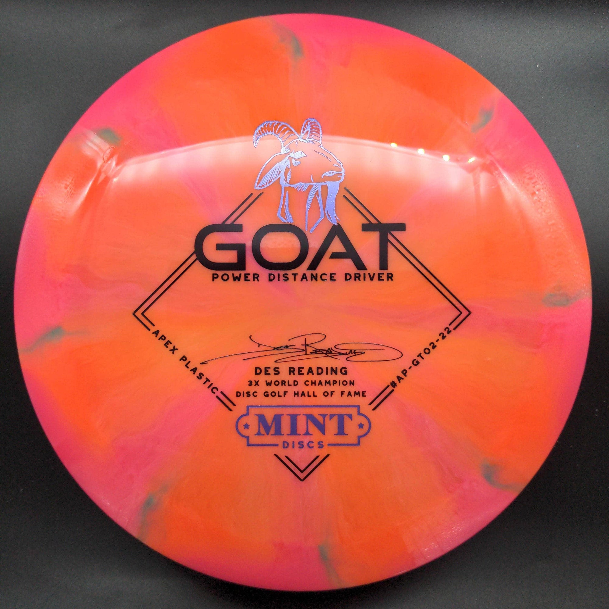 Mint Discs Distance Driver Pink/Orange Purple Stamp 174g Goat - Swirly Apex Plastic - Des Reading