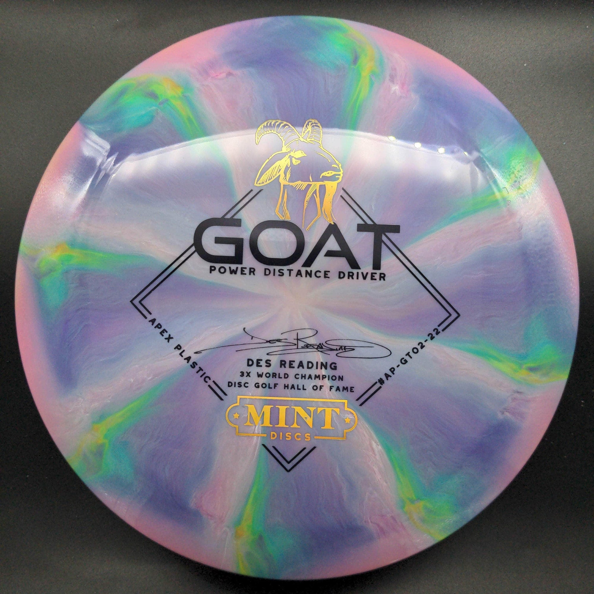 Mint Discs Distance Driver Yellow/Green Gold Stamp 174g Goat - Swirly Apex Plastic - Des Reading