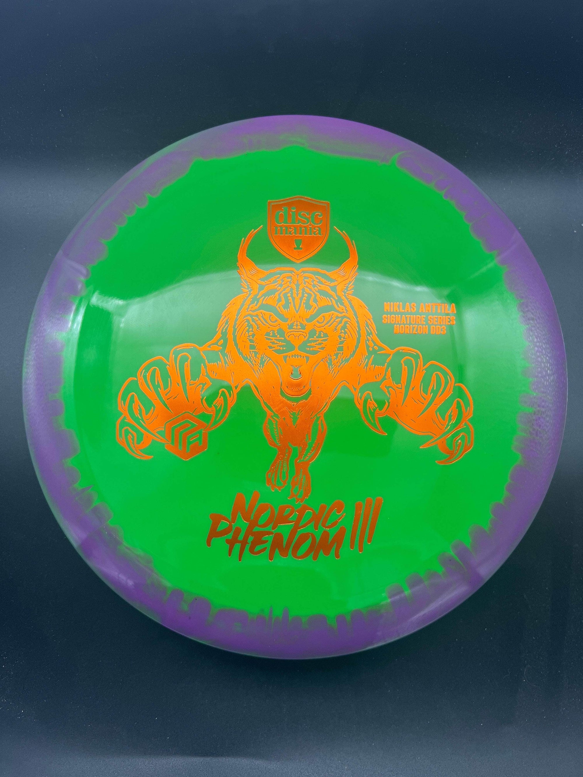 Discmania Distance Driver Purple Rim Green Plate Copper Stamp 175g Nordic Phenom 3, Niklas Anttila Signature Series, Horizon S-Line DD3