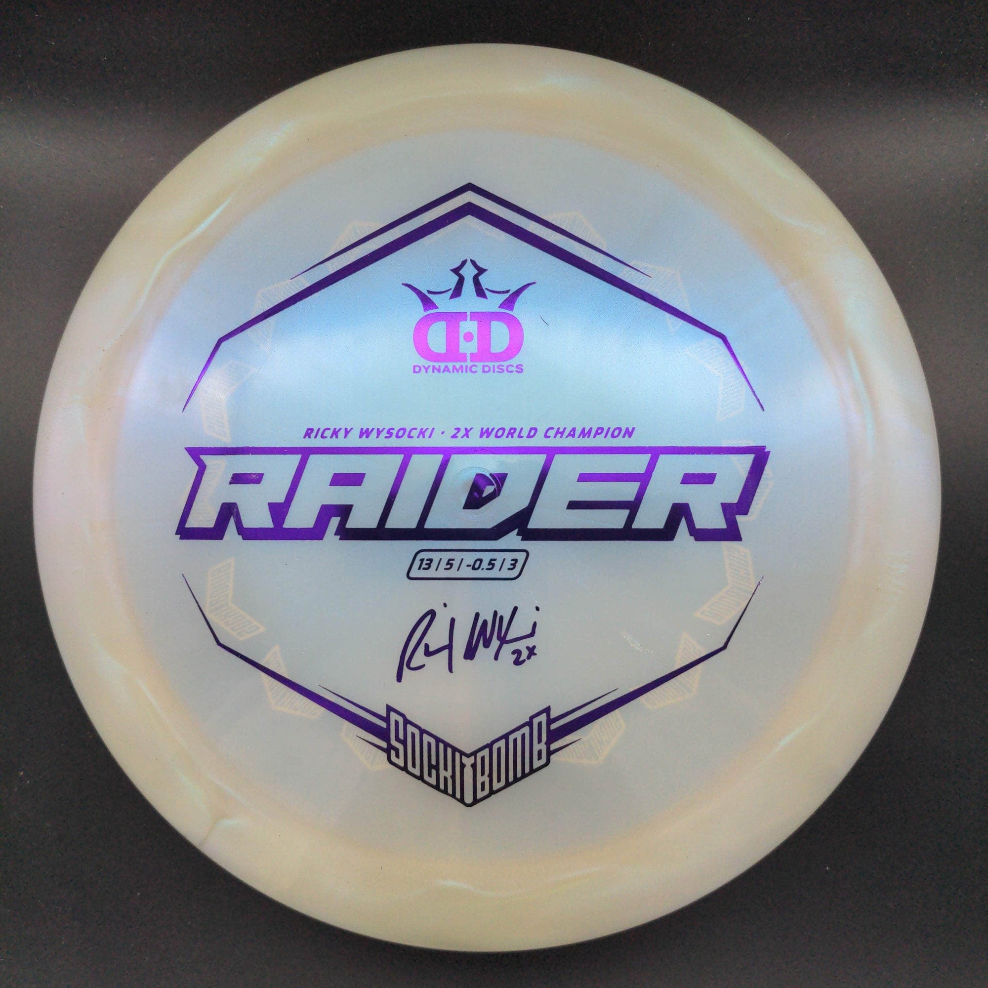 Dynamic Discs Distance Driver White Purple Stamp 173g Raider, Lucid-X Chameleon, Ricky Wysocki Bottom Stamp