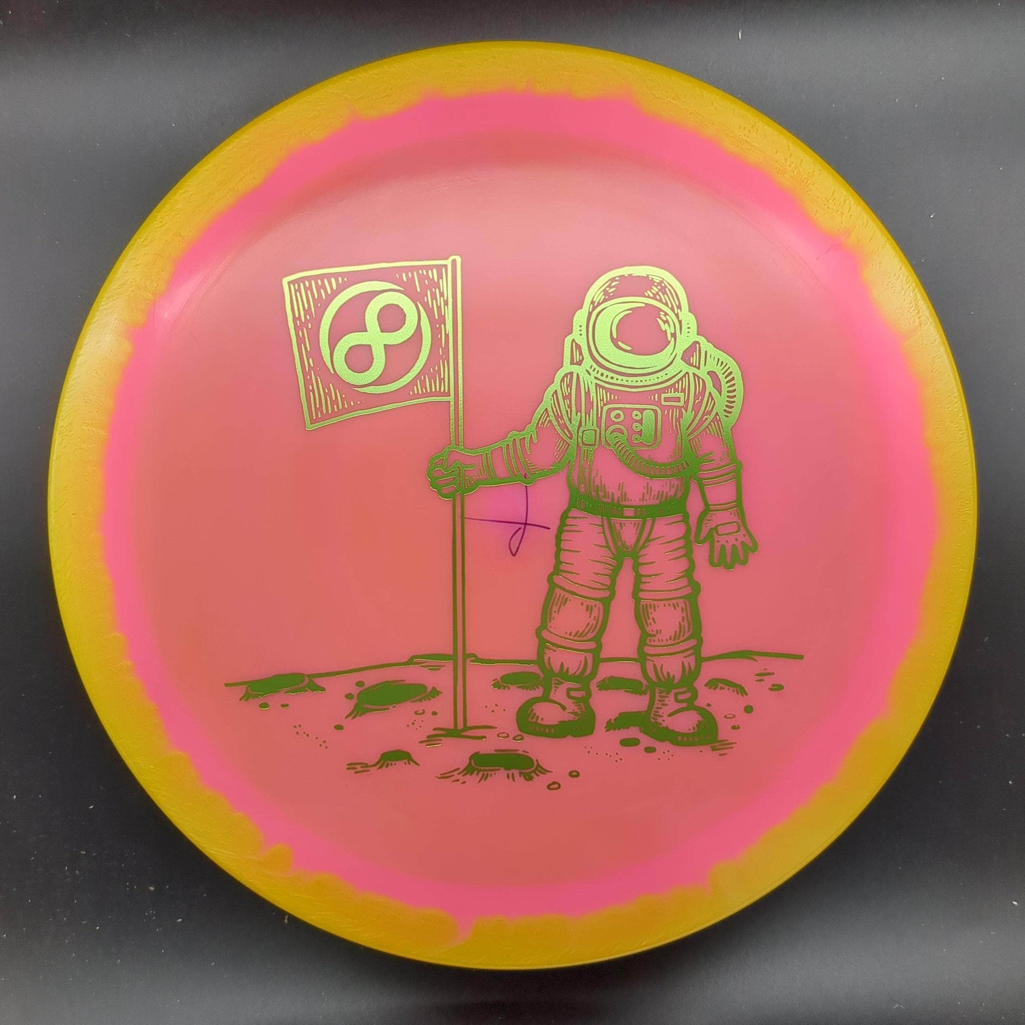 Infinite Discs Distance Driver Yellow Rim Pink Green Stamp 175g Slab, Halo S-Blend, X-Out