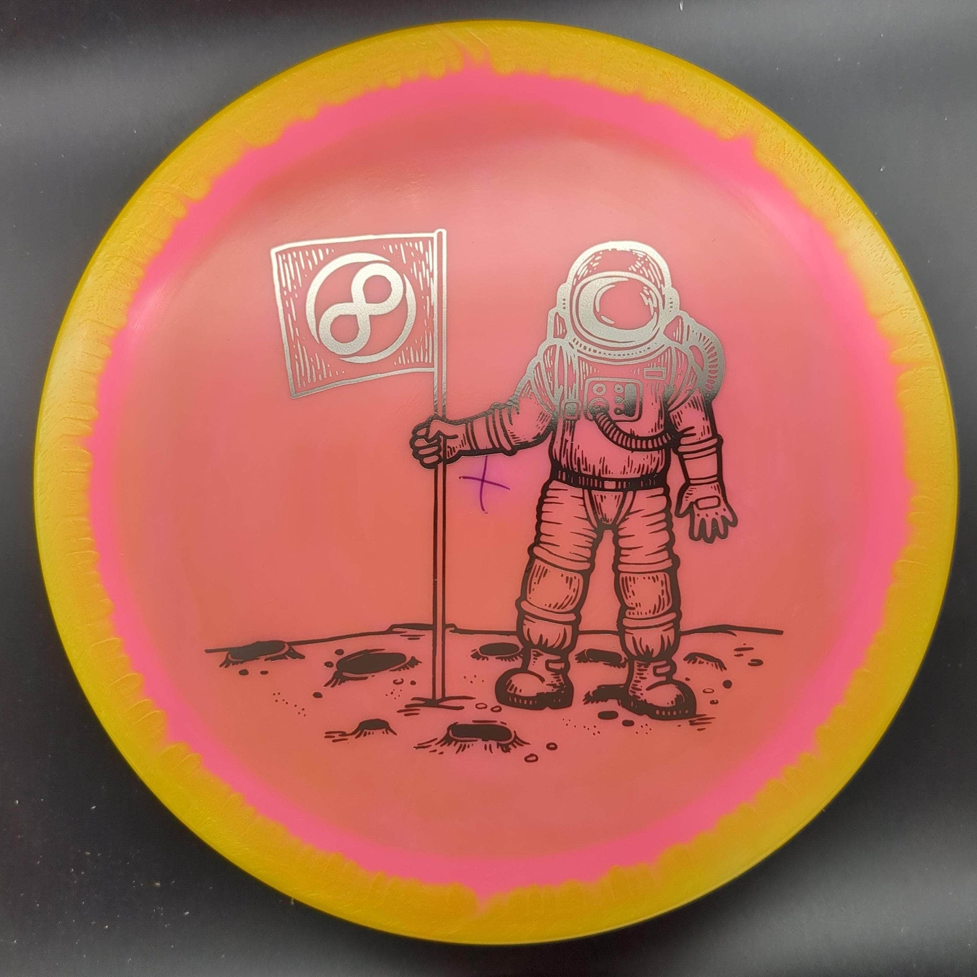 Infinite Discs Distance Driver Yellow Rim Pink Silver Stamp 175g Slab, Halo S-Blend, X-Out