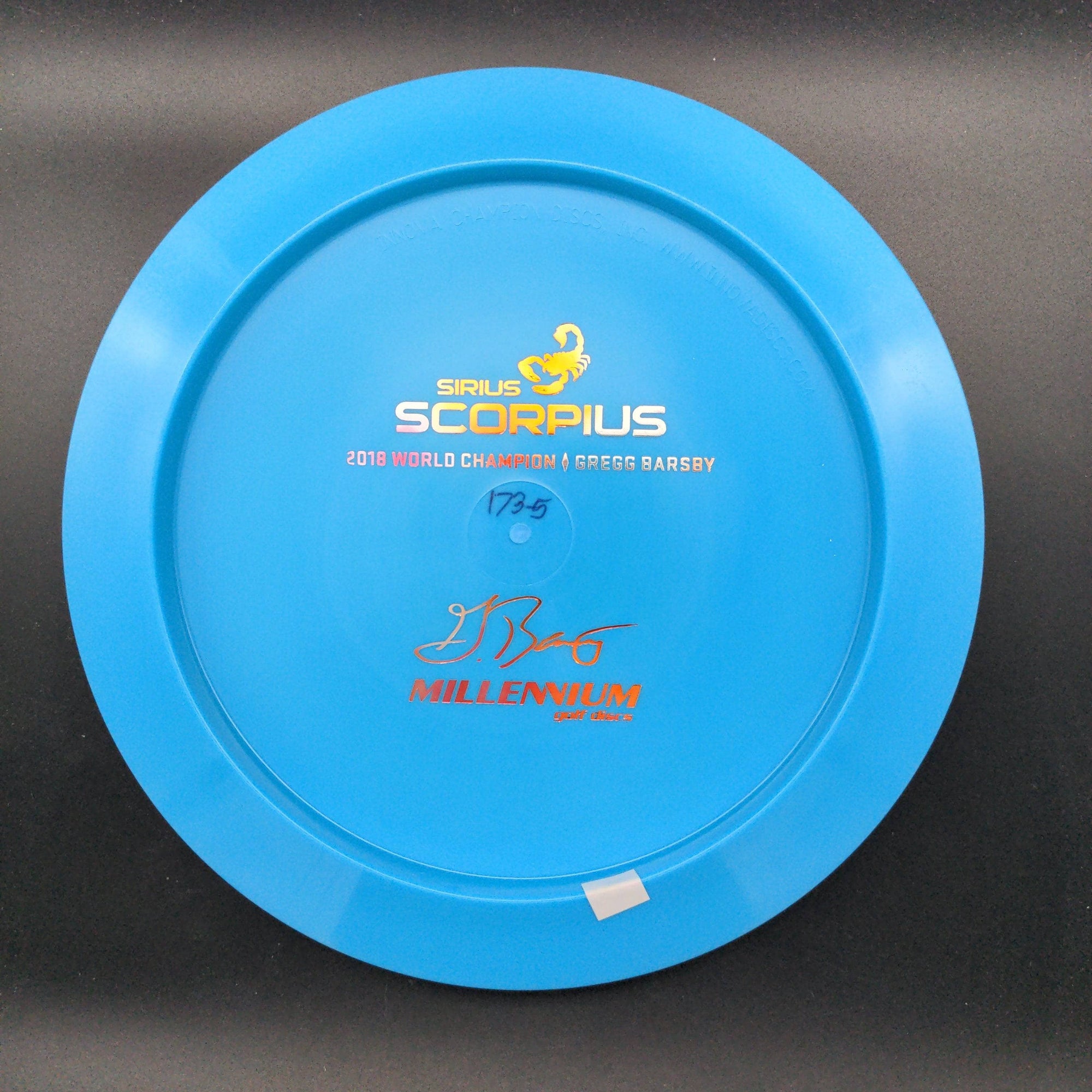 Millennium Discs Distance Driver Blue Red/Silver Stamp 175g Scorpius, Sirius - Gregg Barsby Bottom Stamp