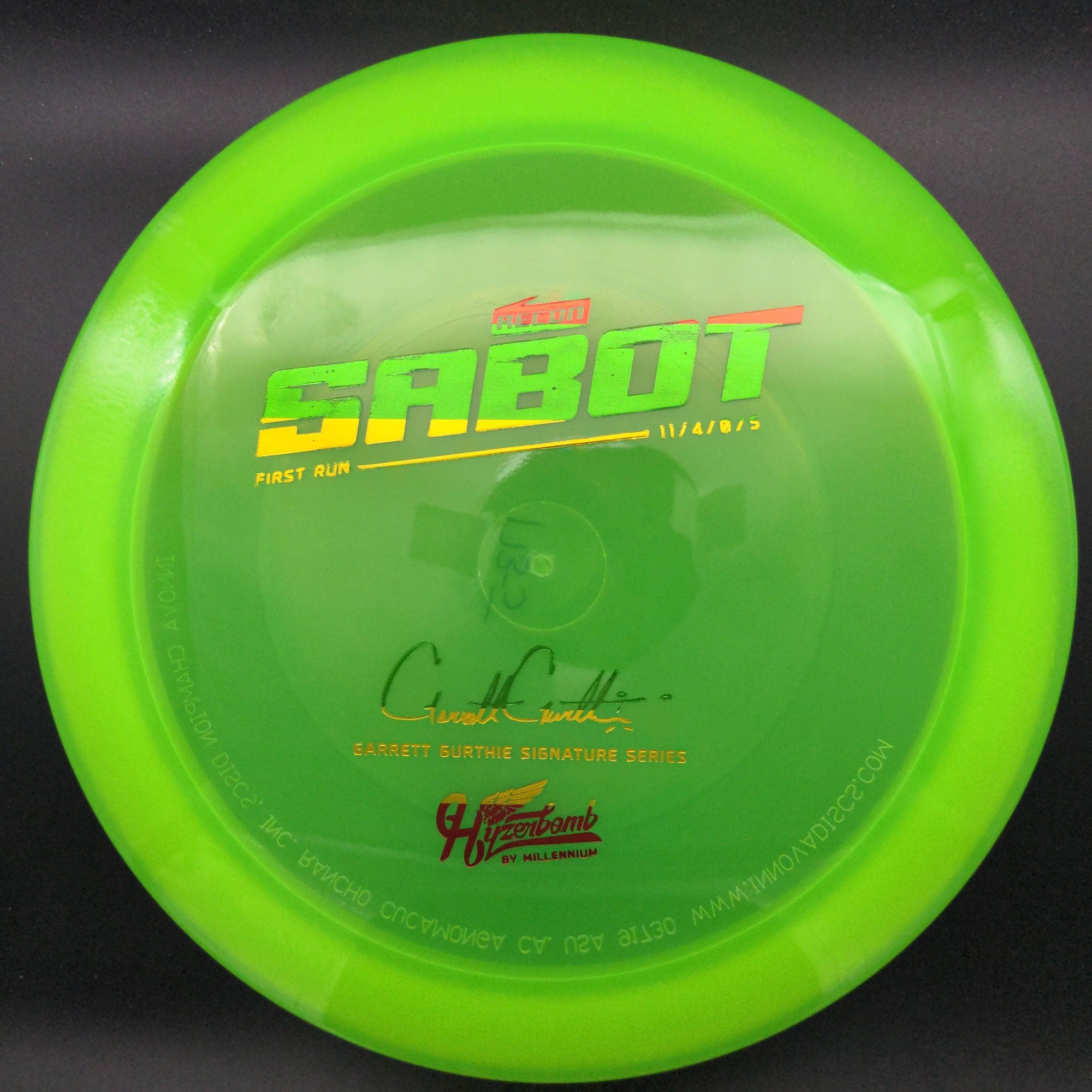 Millennium Discs Distance Driver Green Rasta Stamp 175g Sabot, Garrett Gurthie, Hyzerbomb Recon, First Run