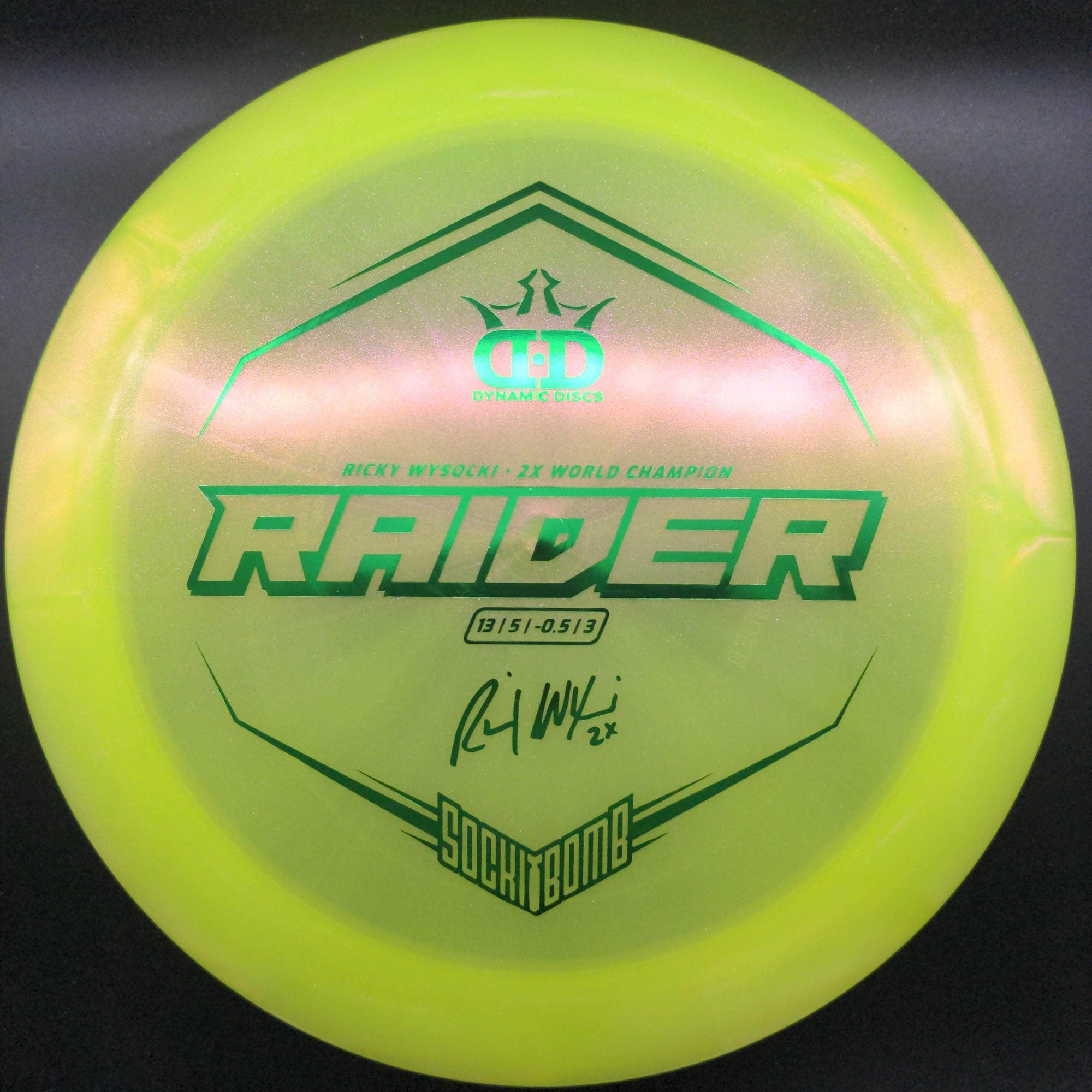 Dynamic Discs Distance Driver Yellow Green Stamp 173g Raider, Lucid Ice Glimmer, Ricky Wysocki