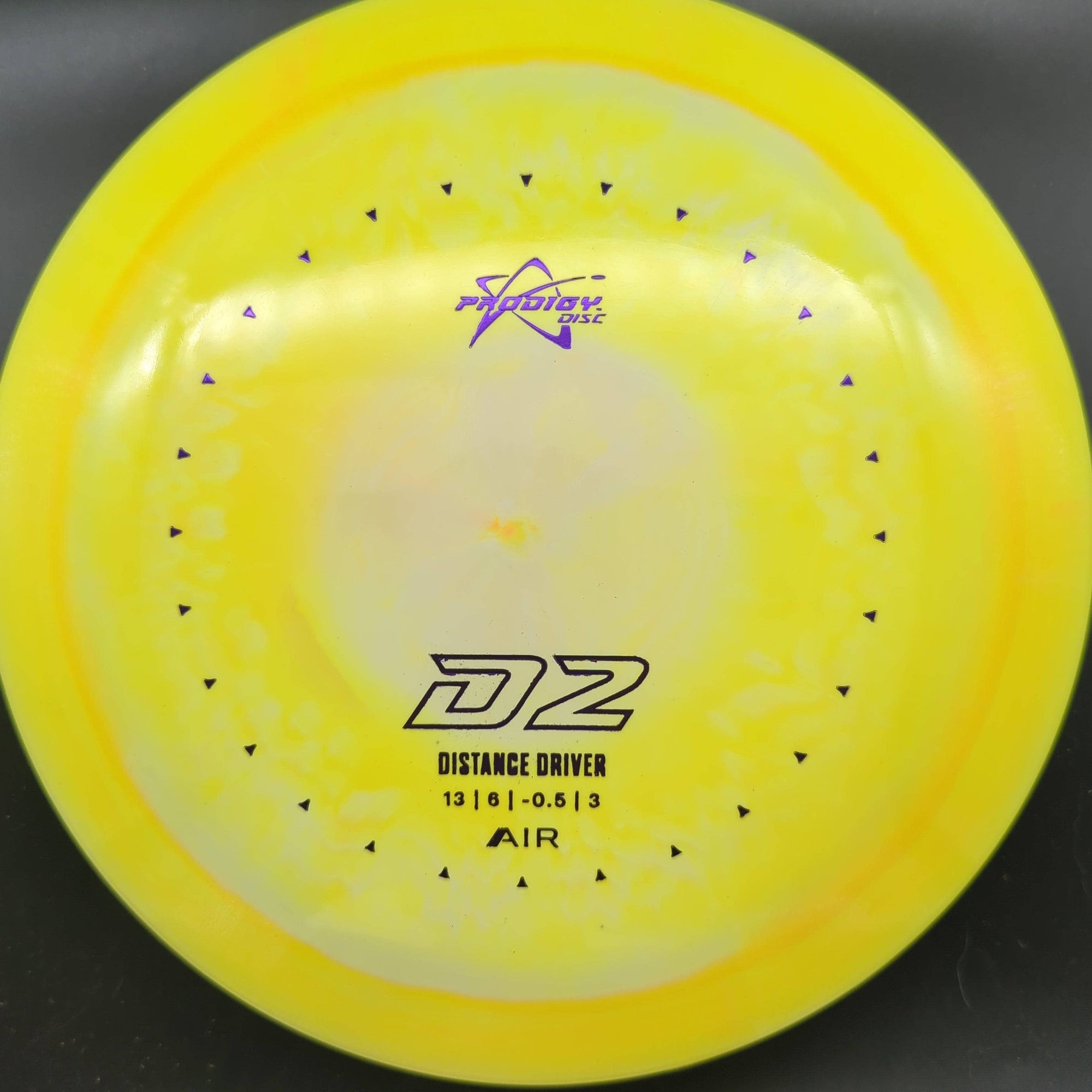 Prodigy Distance Driver Yellow Purple Stamp 162g D2 - AIR Spectrum Plastic