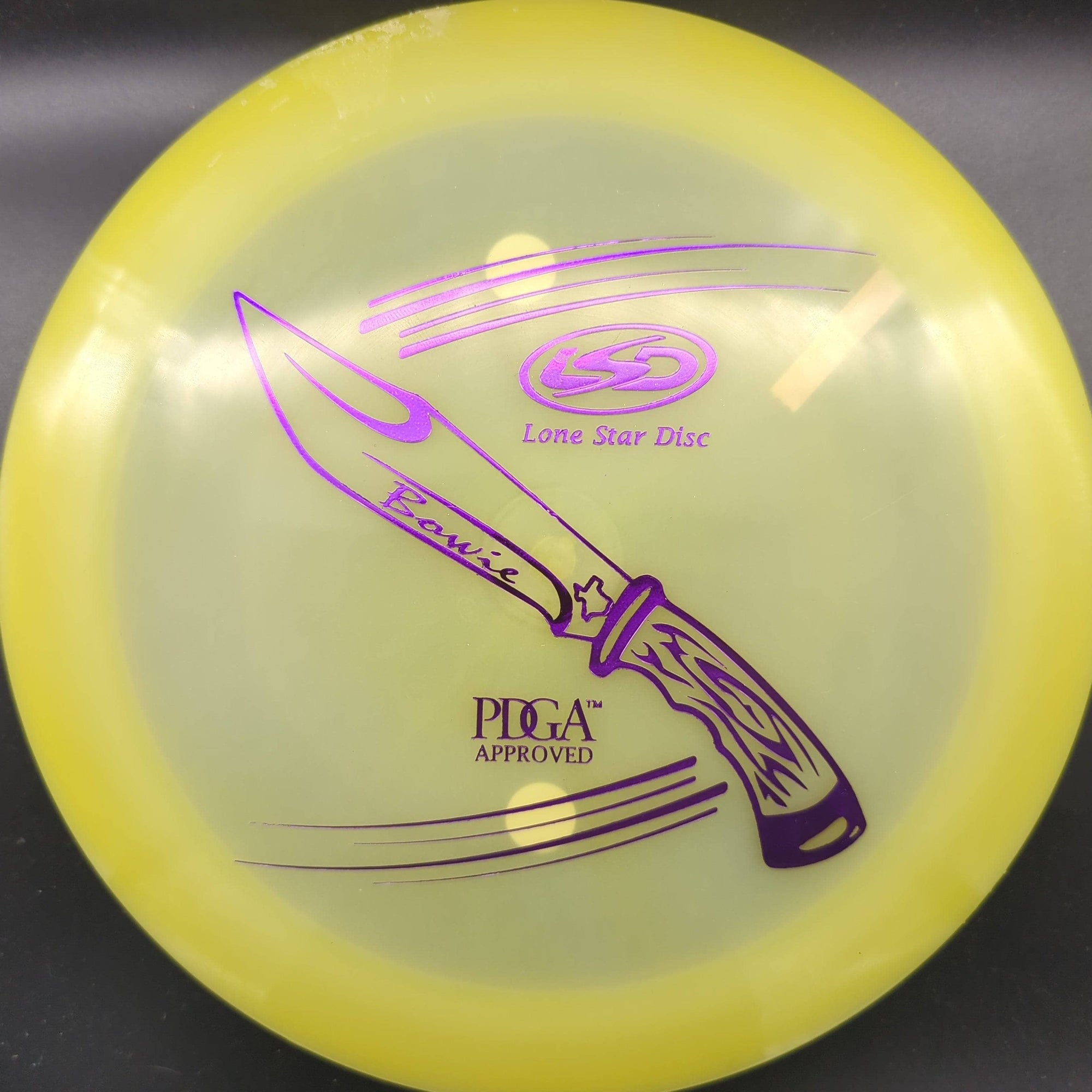 Lone Star Discs Distance Driver Yellow Purple Stamp 175g Bowie, Glow Plastic