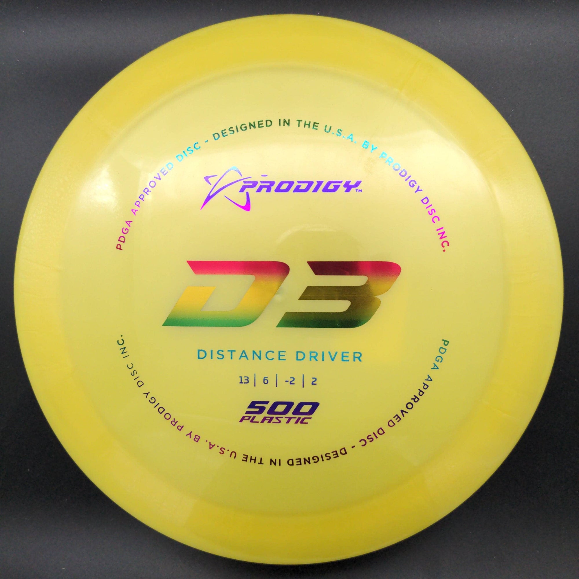 Prodigy Distance Driver Yellow Rainbow Stamp 174g D3, 500 Plastic