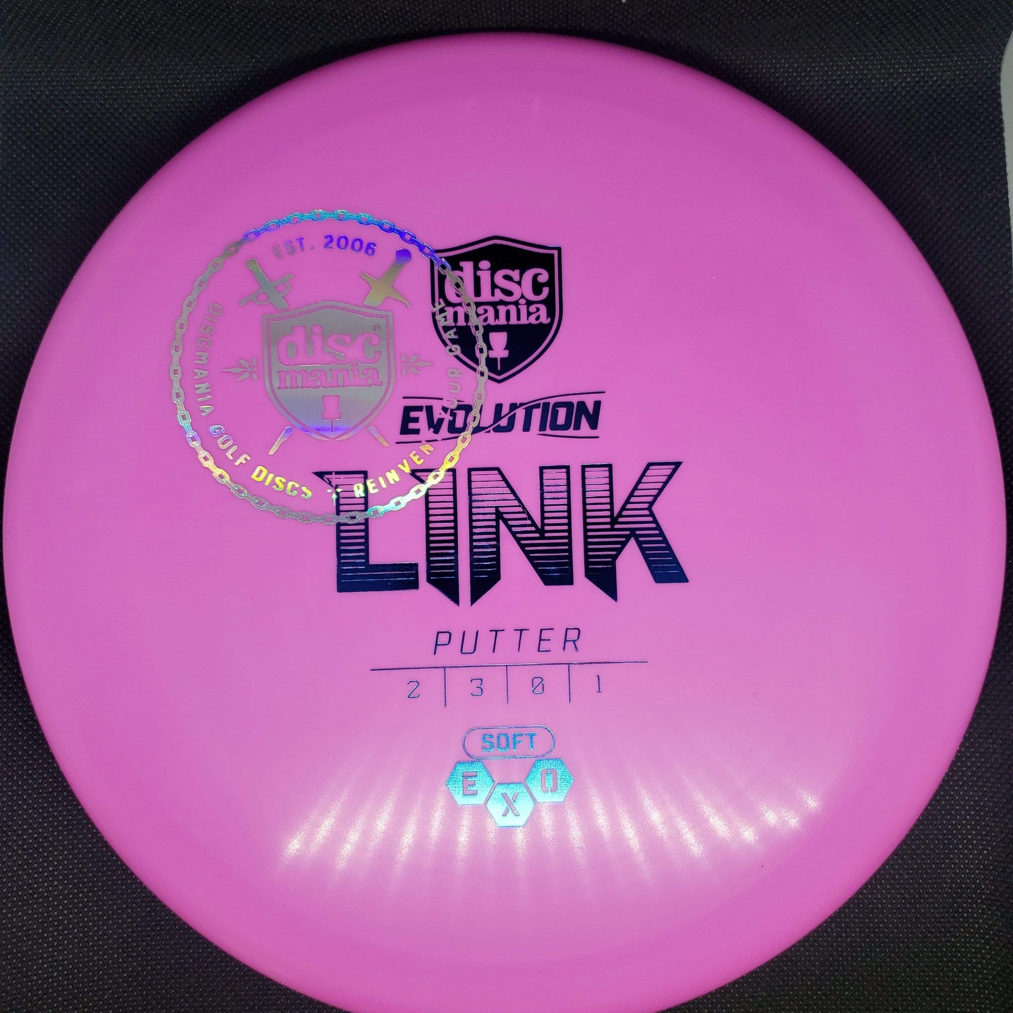 Discmania Putter Pink Blue and Silver Shield Stamp 173g Soft Exo Link 2/3/0/1